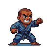 Determined martial artist in a blue gi, crouching defensively with clenched fists and a fierce scowl.