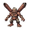 Muscular, bipedal creature with propellers on its back, wearing segmented armor and a chain necklace, grinning with beady eyes.