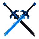 Two crossed swords: one glowing blue, the other black, against a dark background.