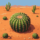 A flattened barrel cactus is in the foreground of a desert landscape with smaller cacti and two tall saguaro-like cacti in the background under a pale blue sky.