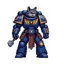 Wolf-headed space marine in deep blue power armor with gold trim and winged eagle emblem, holding a mace.