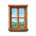 Wooden window with four panes looking out onto a pixelated sky with clouds and green trees.