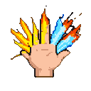 A pixelated hand erupting with vibrant yellow flames on the left and sharp icy blue crystals on the right.