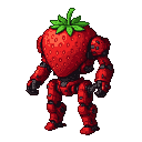 Anthropomorphic mech with strawberry-shaped torso and head, green leaf crown, and segmented red metallic armor.
