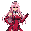 Anime character with long pink hair and horns, wearing a crimson dress and gloves, with a playful expression.