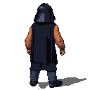A figure in a dark cape and Darth Vader helmet, with orange arms, stands against a transparent background.