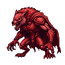 A crimson werewolf with bared teeth and glowing eyes, encased in a red exoskeleton and wearing a flowing red cape, crouches in a predatory stance.