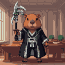 A capybara wearing a Soul Reaper instructor uniform and holding a scythe.