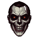 A skeletal face with a wide, unsettling grin and piercing, fiery red eyes.