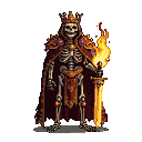 Skeletal monarch wearing a golden crown and crimson cape, holding a sword with pixelated flames.