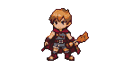 Young hero with a tattered crimson cape, armor, and a wooden club, looking determinedly forward with auburn hair.