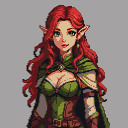 Elven woman with red hair, green eyes, and a shy smile, wearing a green tunic and cloak.
