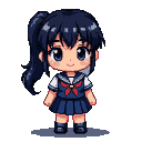 Pixel Art: Schoolgirl, Black Hair tied in a ponytail, sailor type unifo...