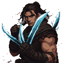 A male hunter with dark hair tied back, wearing leather armor with blades, holding two glowing blue daggers.