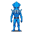 Blue humanoid with a squid-like head, muscular physique, intense eyes, and framing tentacles.