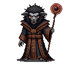 Menacing humanoid sheep wizard with snarling fangs and glowing orange eyes, wearing a dark, ornate robe with fiery patterns, holding a staff topped with a pulsating dark orb.