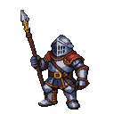 Stout knight in segmented silver armor with orange and red accents, holding a long spear.
