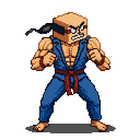 A powerfully built fighter in a blue gi and red belt, with a cube-shaped head showing furrowed brows and bared teeth, stands in a martial arts stance.