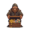 A gruff dwarf merchant with a greedy grin displays an overflowing treasure chest of gold coins and colorful gems.