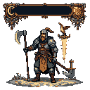 Heavily armored warrior with a prominent beard, holding a two-handed axe, sword sheathed at hip. Muted earthy tones with dark outlines and golden accents. Textured ground and sparse vegetation background. Ornate frames and heraldic symbols above.