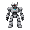 A grey and white robot with glowing red eyes and a blue chest display stands ready.