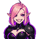 Woman with pink mohawk, long pointed elf ears, intense purple eyes, and a wide, psychopathic smile revealing sharp teeth. She wears dark, form-fitting armor with glowing purple neon accents.