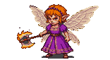 Determined pixie in a purple dress with gold trim, large translucent wings spread, holding a battle axe with pixelated flames.