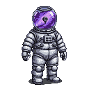 A bulky astronaut in a puffed silver suit with a fishbowl helmet filled with purple nebula gas and a single robotic eye.