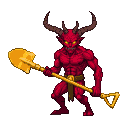 Crimson-skinned demon with muscular build, upward-curving horns, glowing yellow eyes, and a snarling expression, holding a golden shovel.
