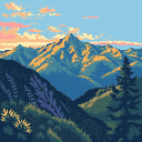 Majestic mountain range at sunset, with golden and deep blue peaks. Clear blue sky with pink and orange pastel clouds. Foreground features lush green slopes with purple flora and yellow blossoms, and a solitary dark green pine tree on the right.