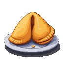 Golden-brown fortune cookie with pixelated texture on a light grey plate.