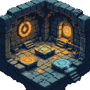 Ancient puzzle chamber with floating stone platforms, glowing pressure plates, and rune rings around a central dais.