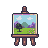 Pixelated countryside with purple hills, green meadow, pink flowers, a dark green tree, and a blue sky with white clouds.