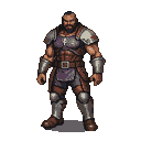 Muscular warrior in weathered armor, stern expression, facing forward.