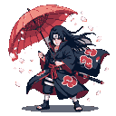A lone figure with long dark hair in a dark robe with red cloud emblems and a red sash holds a large red umbrella. Pink petals drift around him against a black background.