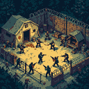 A post-apocalyptic survival camp enclosed by a barbed-wire-topped wall, with armed figures defending the settlement.