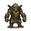 A menacing green goblin in leather armor with glowing red eyes and sharp teeth.