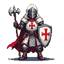 Templar Knight in white tunic with red cross, holding a morning star and teardrop shield.