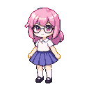 Character with vibrant pink hair, large expressive eyes behind round glasses, wearing a white collared shirt and periwinkle blue pleated skirt.