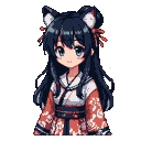 Anime girl with fluffy cat ears, dark hair in two buns, and a red floral patterned outfit with an obi.