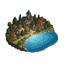 A small, densely packed village with terracotta roofs and dark blue accents sits on a peninsula surrounded by a turquoise lake and verdant trees.