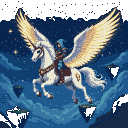 A white Pegasus with spread wings carries a hooded rider through a starry night sky above floating islands.