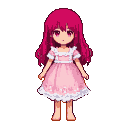 Young girl with flowing fuchsia hair and a pale pink lace-trimmed dress.