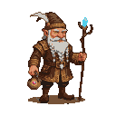 Stout gnome merchant with braided white beard, wearing a brown tunic and cap with a feather, holding a glowing lantern and a staff topped with a blue crystal.