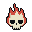 A stylized, bone-white skull with black eye sockets and nasal cavity, engulfed in jagged, red and orange pixelated flames against a black background.