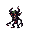 A small, menacing imp with dark, textured skin, glowing red eyes, sharp bared teeth, pointed ears, curved horns, and patches of green on its head and chest.
