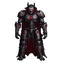 A vampire in a dark, metallic exoskeleton with glowing red accents and a tattered red cape. It has glowing red eyes and sharp fangs.