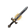 An ornate sword with a glinting metallic blade radiating golden energy.
