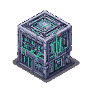 Isometric view of a metallic quantum computer with glowing teal circuitry.