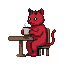Anthropomorphic red cat-like creature with small horns, tail, and white mug with steam, sitting at a wooden table.